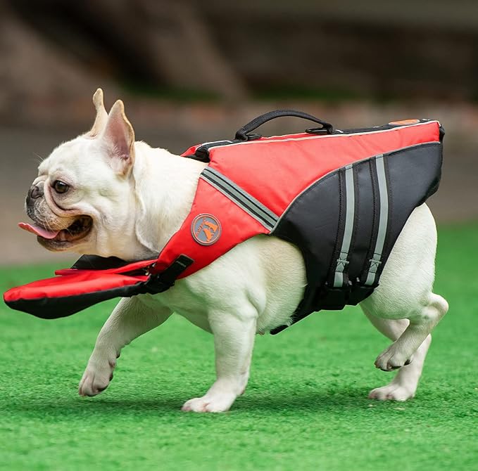 Dog Life Jacket, French Bulldog Life Vest for Swimming Boating, Dog Swim Vest with Chin Float and Rescue Handle, High Flotation Puppy Life Jackets (Chest Girth: 17" to 30", Weight: 17" to 28" LB)