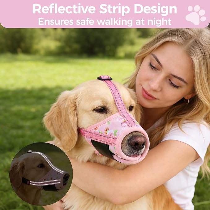 PAWCHIE Dog Muzzle, Soft Muzzle Anti Biting Barking Chewing, Comfortable Air Mesh Mouth Guard Breathable Adjustable Loop Pets Muzzle for Small Medium Large Dogs,Allows Panting Drinking,Pink Flowers L