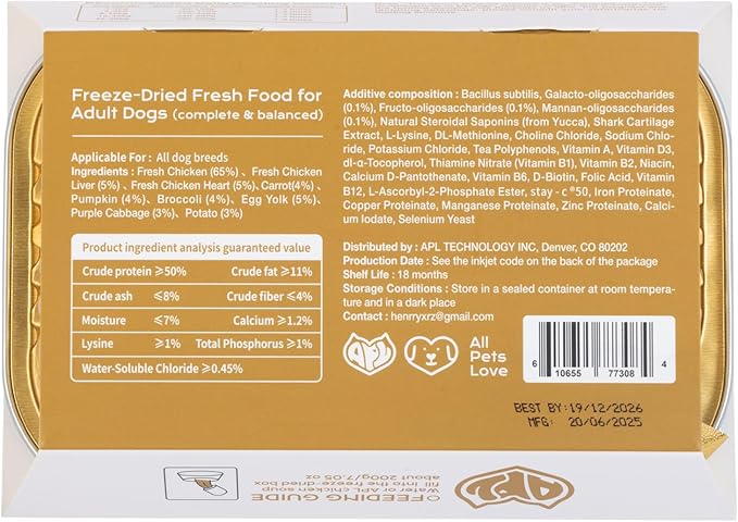 APL Freeze-Dried Dog Food, 1.4oz x 5 Pack | 77% Fresh Meat, 70% Chicken, 50% Crude Protein, Pumpkin & Superfood Recipe | Complete Meal for Travel, Mixing & Sharing