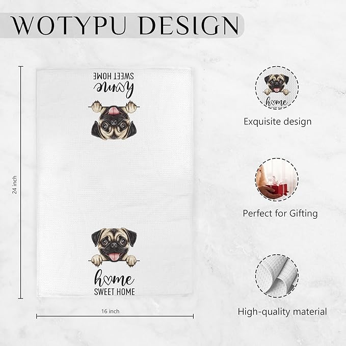 Pug Gifts Kitchen Towels, Gifts for Pug Lovers Dish Tea Towels, Dog Lover Mom Dad Gifts Decorative Hand Towel for Bathroom, Home Sweet Home Decor, 16x24 Inch