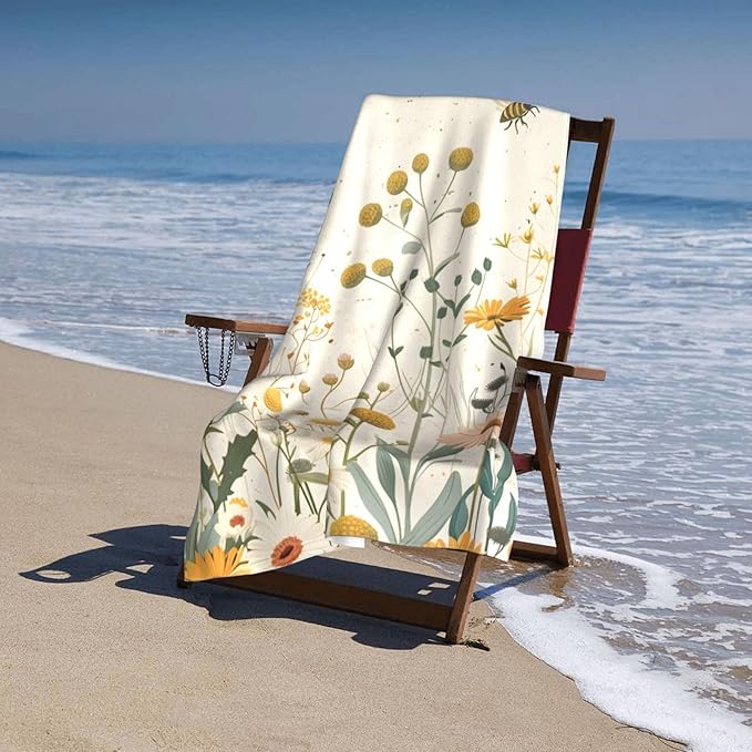 Wildflowers and Bees Beach Towel 31inx51in, Floral Sand-Free Microfiber Bath Towel Ultra Soft Quick Dry Pool Towel Absorbent Towel Lightweight Towel for Swimming Bathroom Decor