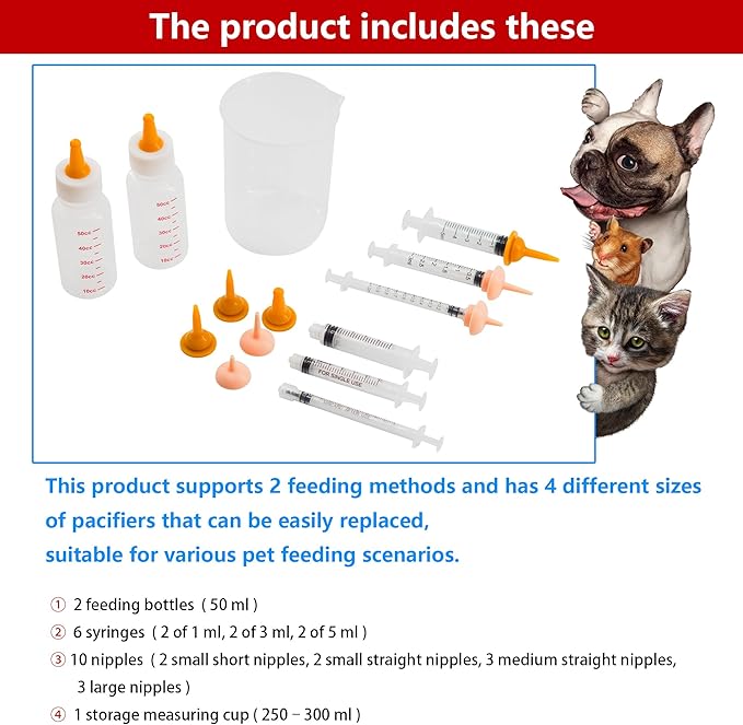 Pet Feeding Bottle and Syringe Set for Puppies and Kittens(2 Bottles,6 Syringes,10 Nipples,1 Storage Measuring Cup)