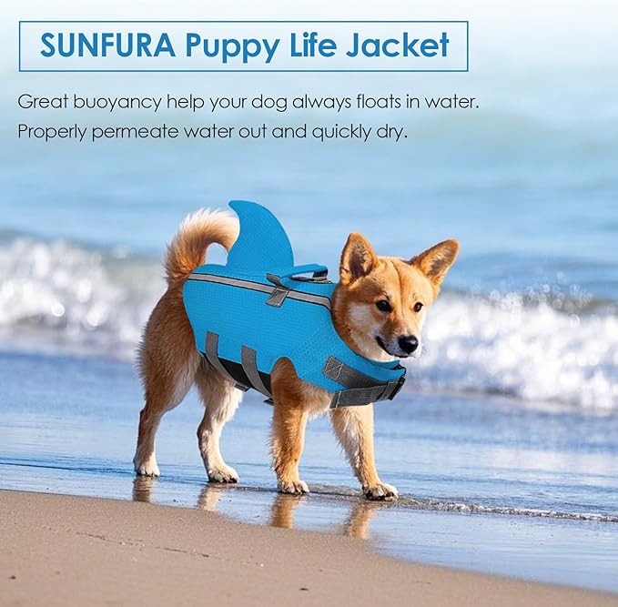 SUNFURA Dog Life Jacket Shark Life Vest for Dogs, Adjustable Swmming Vest with High Buoyancy, Safety Lifesaver with Rescue Handle for French Bulldog Small Medium Breeds, Light Blue S