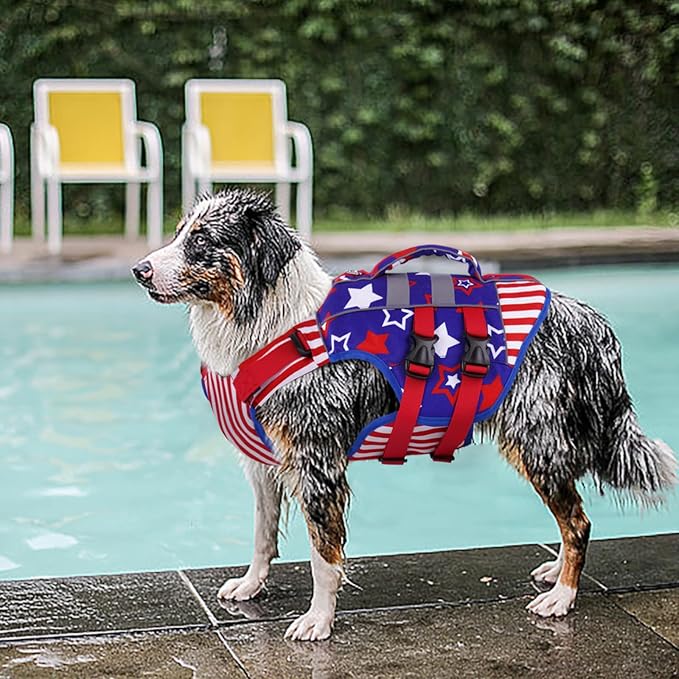 Kuoser Medium Dog Life Jacket, High Flotation Dog Life Vest for Swimming Boating, Reflective Dog Swimming Vest for Medium Dogs Pet Life Preserver with Rescue Handle, Flag M
