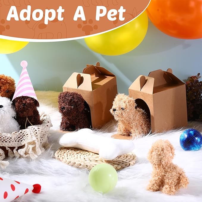 20 Set Mini Plush Toy Stuffed Animals Dogs Set with Birthday Hats Kraft Paper Boxes Small Stuffed Puppy Adopt Pet Gift for Adoption Event Animal Theme Birthday Stocking Stuffers(Dog)