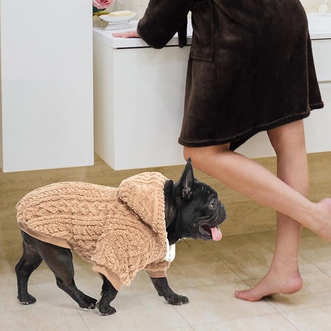KOOLTAIL Fuzzy Dog Sweater Hoodie for Small Medium Large Dogs, Soft Fleece Pet Clothes Sweatshirt with Leash Hole, Warm Winter Dog Sherpa Jacket Snuggie Cold Weather Coat for Puppy Cats Girl, Beige L