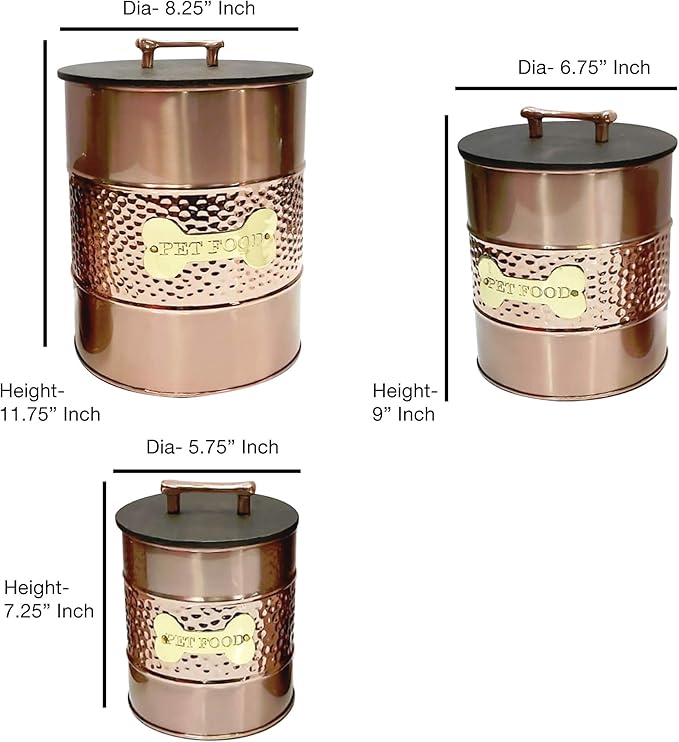 nu steel metal hammered copper 3 Pc set Jumbo Pet Canister with sturdy bone plaque, Dog Food Treat Storage Container Jar with wooden Lid with bone handle, Tight Fitting Lids for Dog Biscuit Cookies
