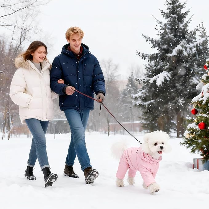 White Duck Down Dog Coat - 4-Leg Coverage, Waterproof Windproof Warm Winter Snowsuit, Cotton Anti-Static Lining, Built-in Harness Hole for Small/Medium Dogs,Size 12(S) Pink