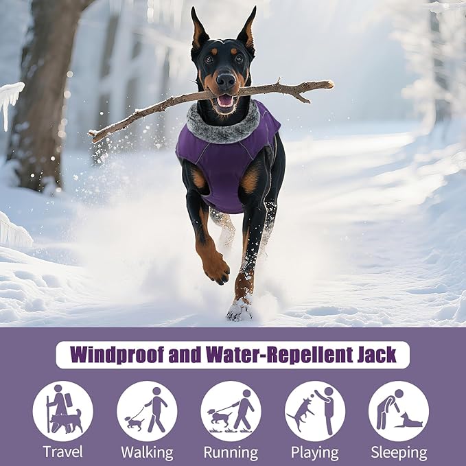 DENTRUN Winter Warm Dog Coat Reflective Jacket with Turtleneck for Cold Weather, Adjustable Buckle Windproof Water Repellent, Thick Snowsuit Fleece Vest for Small, Medium, Large Dogs, Purple, XXXL