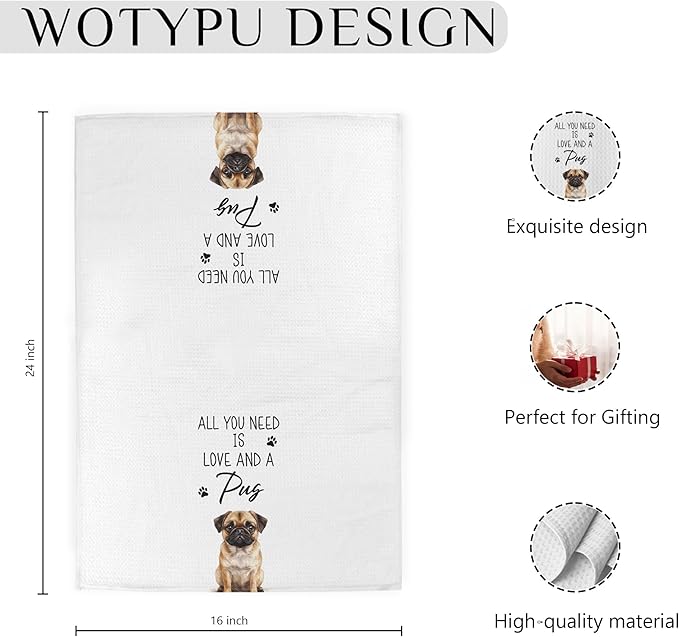 Funny Pug Gifts Kitchen Towels, Dog Lover Gifts Dish Tea Towels for Kitchen, Gifts for Pug Lovers Decorative Hand Towel for Bathroom, Dog Bathroom Decor, 16x24 Inch