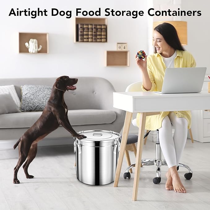 Newget Dog Food Storage Containers, Large Stainless Steel Pet Food Storage Containers 25 lb / 11.5 kg to Keep Fresh, Metal Airtight Cat Food Containers With Scoop and 2 Small Containers