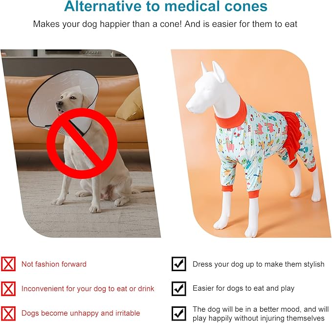 LovinPet Large Dog Pajamas for Female Dogs - UV Protection, Post Surgery Recovery Shirt, Lightweight Knit Stretchy Fabric, Aqua Alpaca Print, Undershirt for Dog Dresses, Orange XXL