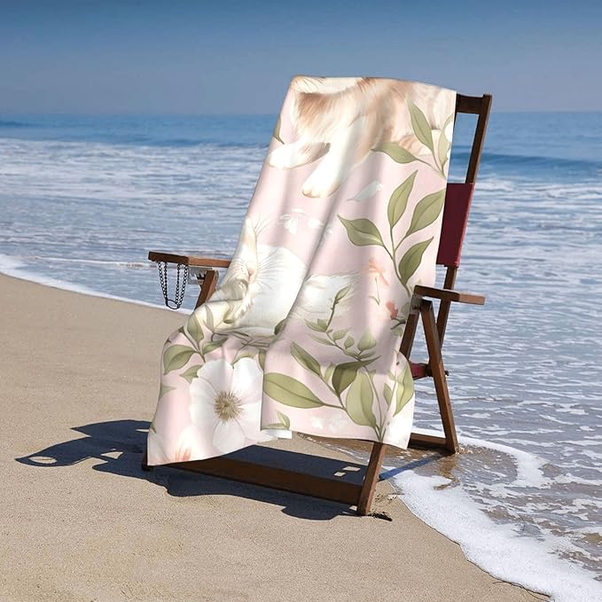 Floral Bunny Beach Towel 31inx51in, Rabbit Sand-Free Microfiber Bath Towel Ultra Soft Quick Dry Pool Towel Absorbent Towel Lightweight Towel for Swimming Bathroom Decor