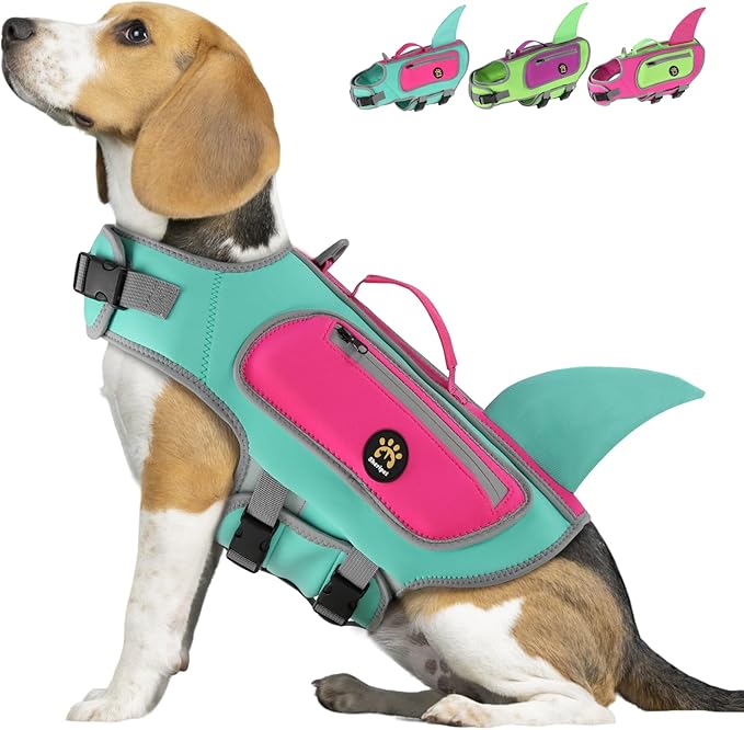 Dog Life Jacket Shark, Good Visibility Dog Life Vest for Swimming Boating, Reflective & Adjustable Pet Swim Floating Vest with High Buoyancy for Small Medium Large Dogs (Turquoise, X-Large)