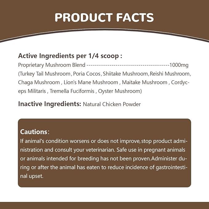 Turkey Tail Mushroom for Dogs, Organic 10 Mushroom Blend for Lipoma Lumps and Bumps, Probiotic Mushroom Powder with 50% β-Glucan for Dogs & Cats, Joint Gut Immune Skin Support - 36g