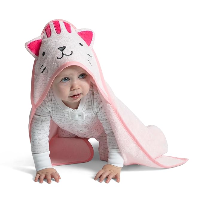 Delta Children Personalized Baby/Infant Hooded Bath Towel - Super Soft and Absorbent- Newborn Essential - Ideal Baby Registry/Shower Gift for Boys and Girls, Pink Cat