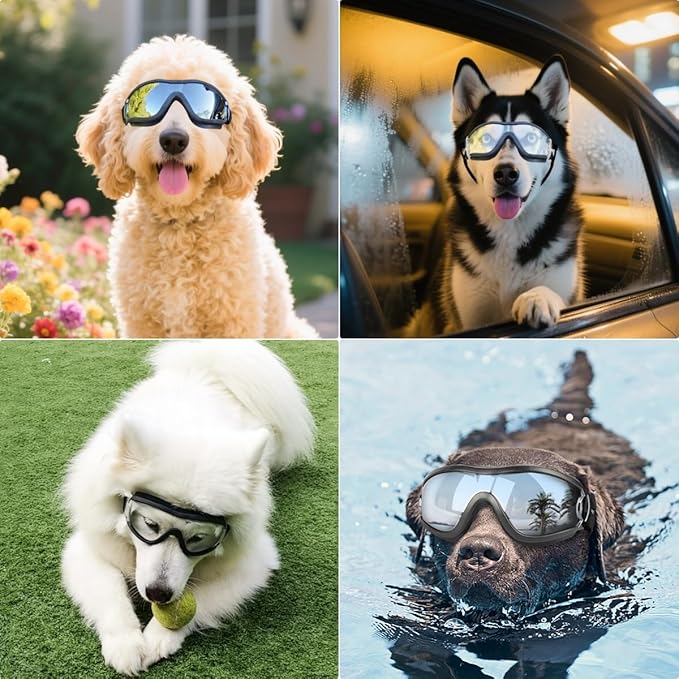 Dog Goggles for Large Breed, 2PCS UV Protection Dog Sunglasses with Adjustable Straps, Windproof Pet Eyewear for Medium to Large Pets, Black & Clear L