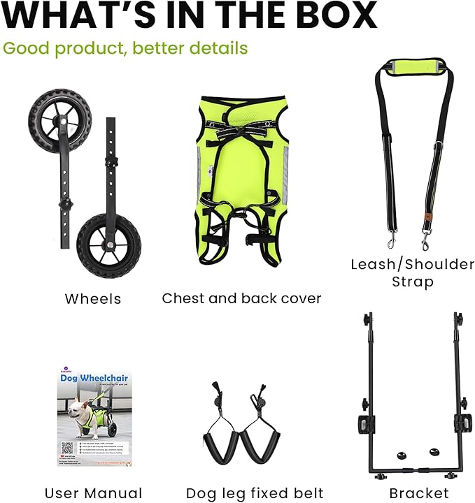 Adjustable Dog Wheelchair for Back Legs, for All Breed Dog - Includes High-Visibility Vest, Leash & Sling Lift, Lightweight Pet Wheelchair for Disabled Hind Legs (Medium, for Small Breed Dog)
