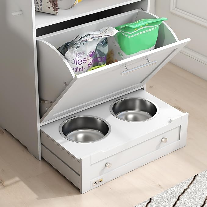 PawHut Dog Feeding Station with Raised Bowls & Storage Cabinet, Pet Feeder Cabinet Container with Hanger for Feeding & Watering Supplies, Dog Food Organizer, White