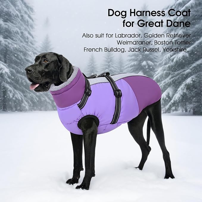 SUNFURA Small Dog Coat with Harness Built-in, Warm Dog Jacket with Zip, Reflective Winter Coat Pet Sweater Clothes for Small Dogs Schnauzer, Yorkshire Terrier, Shih Tzu, Purple S