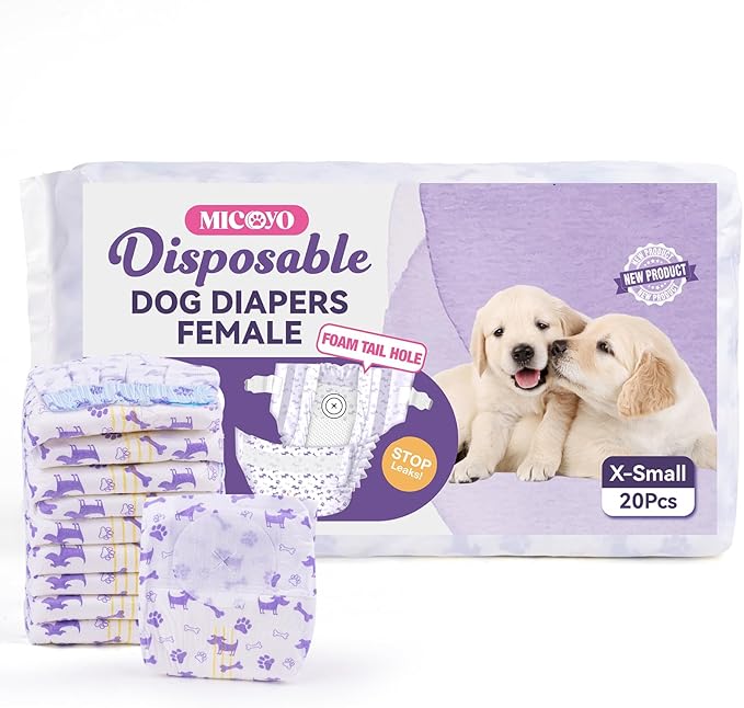 MICOOYO Disposable Dog Diapers Female, Doggie Diapers for Dogs Female, Super Absorbent Pet Diaper with Foam Tail Hole for Heat, Comfortable Puppy Diaper (50Count, X-Small)