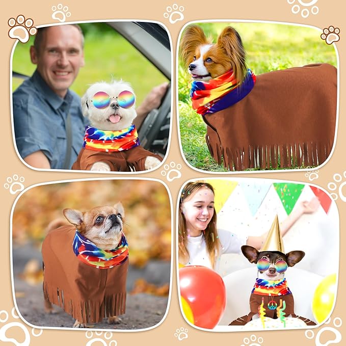 4 Pcs Hippie Dog Costume Pet Dog Hippie Costume Set Includes Sunglasses Scarf Cloak Necklace(Tie Dye,Small)