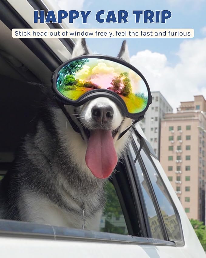 Large Dog Sunglasses, Dog Goggles Large Breed and Medium, UV Protection, Windproof, Dustproof and Snowproof. Shatterproof Lens, Adjustable Strap