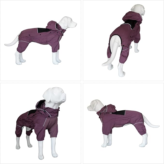 LOVELONGLONG Waterproof Dog Raincoat with Removable Hood – Outdoor Full Body Dog Jacket, Windproof Snowproof Shell Suit – All Season Pet Rain Gear Plum Purple S
