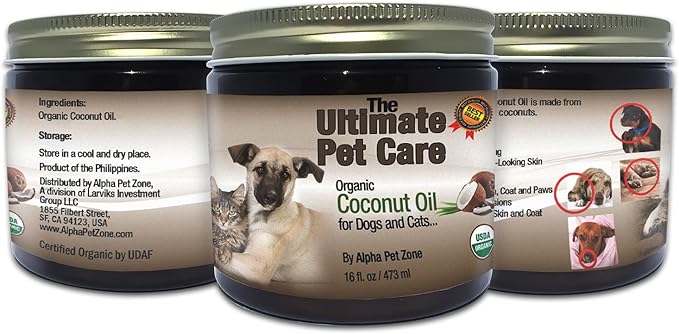 100% Organic Coconut Oil for Dogs & Cats - Skin and Coat - 16 fl oz - Use Topically on Dry Itchy Skin, Paws, Elbows and Cracked Nose - Cold Pressed, All Natural and Safe to Eat - Soothes and Protects