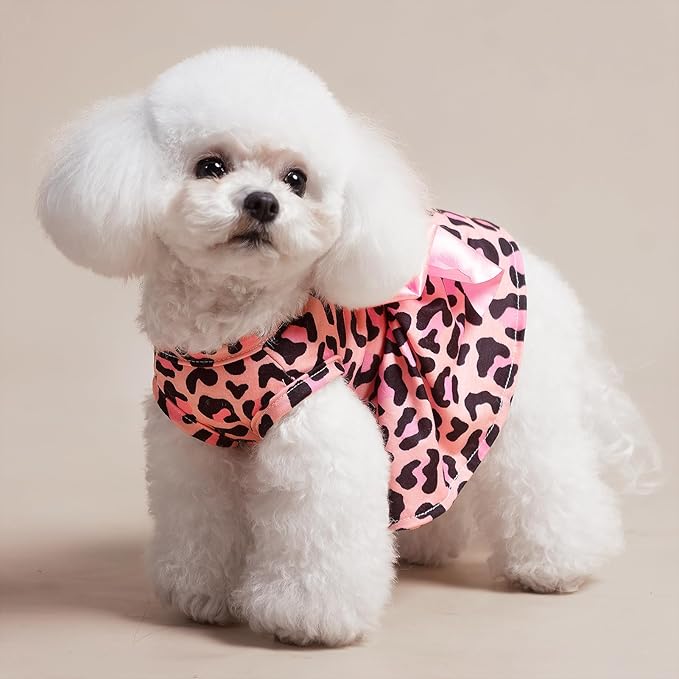 PUPTECK Print Dog Dress Pet Apparel with Cute Bowtie Puppy Clothes Outfit, Leopard Print, S