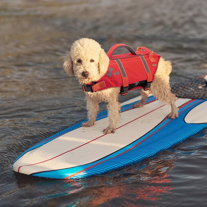 EMUST Dog Life Vests, Adjustable Dog Life Jacket with Rescue Handle, Dogs Flotation Vest for Small/Medium/Large Dogs, XS, NewRed