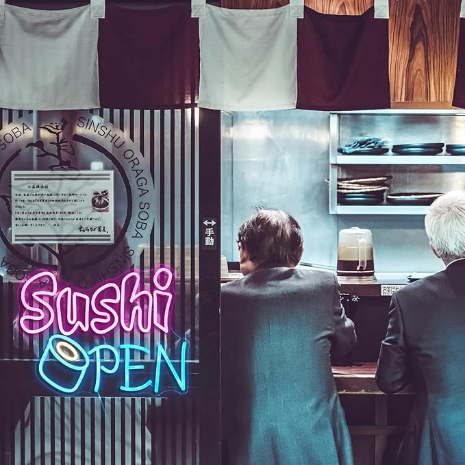 Sushi Open Neon Sign for Wall Decor - Dimmable LED Open Sign for Business - USB Powered Light for Sushi Shop, Restaurant, Kitchen, Home Decor