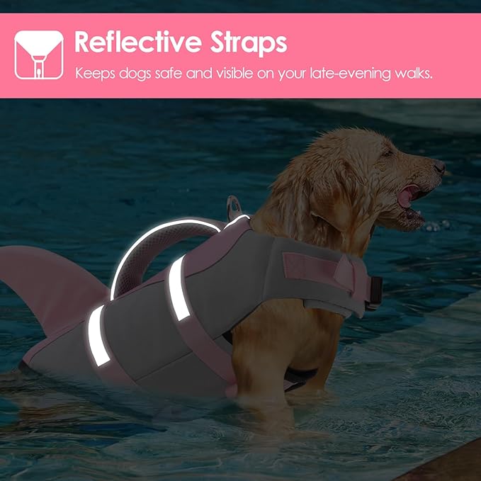 AOFITEE Dog Life Jacket, Dog Life Vest for Swimming, Shark Dogs Swimming Vest with Rescue Handle and Reflective Stripe, Ripstop Pet Float Coat Swimsuit Lifesaver Small Medium Large Dogs Pink XS