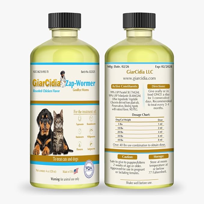 No More Worms in Cats and Dogs- Dewormer for Cats and Dewormer for Dogs - Chicken Flavour 120 mL / 4 oz Glass Bottle – Includes 3 mL Dropper with Cap