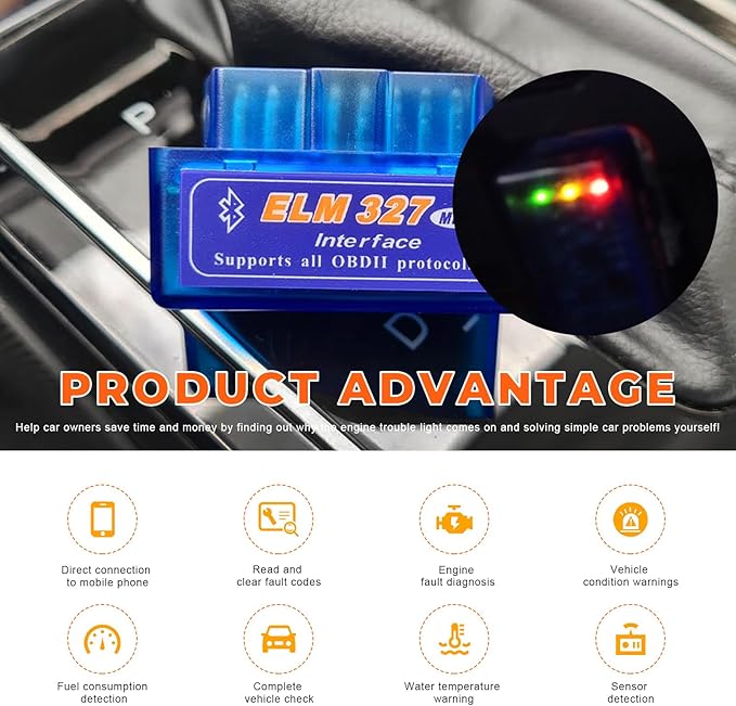 Sun Walker ELM327 OBDII Car Auto Diagnostic Scanner, Professional ELM327 Interface Bluetooth Failure Detector, Mini Wireless Engine Fault Code Reader Compatible with OBD2 Vehicles