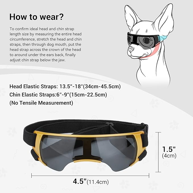 ENJOYING Dog Sunglasses Small Breed, Anti-UV Puppy Goggles for Small Dogs, Windproof Outdoor Dog Eye Protection for Driving Biking, Adjustable Head Straps, Cute Gold