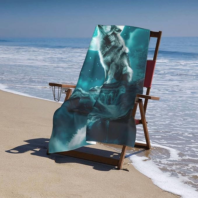 Howling Wolf Moon Beach Towel Animal Sand-Free Microfiber Bath Towel Ultra Soft Quick Dry Pool Towel Absorbent Towel Lightweight Towel Gifts for Outdoor Bathroom Swimming Decor 31inx51in