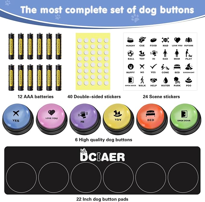 Dog Buttons for Communication, 6 PCS Dog Talking Button Set,30 Seconds Recordable Pet Training Buzzer,with Training Manual Book+12 AAA Batteries+24 Scene Modes + 1 Dog Button Mat