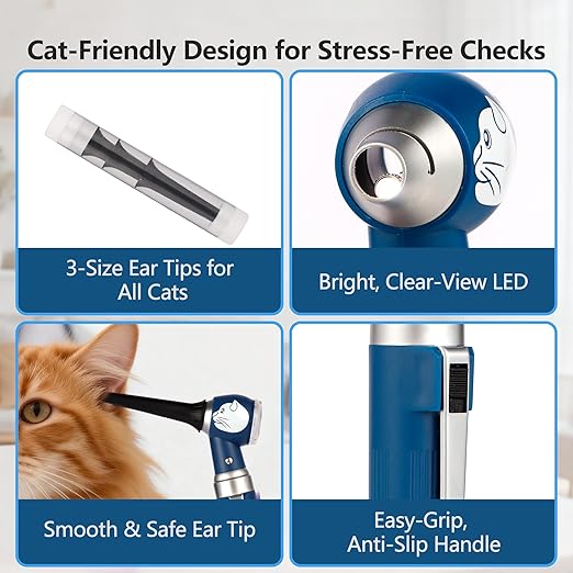 Veterinary LED Otoscope for Pets Cat-Design - Ear Infection Detector with Light, 6 Disposable Tips for Dogs & Cats, Portable Home Ear Checker (Blue)