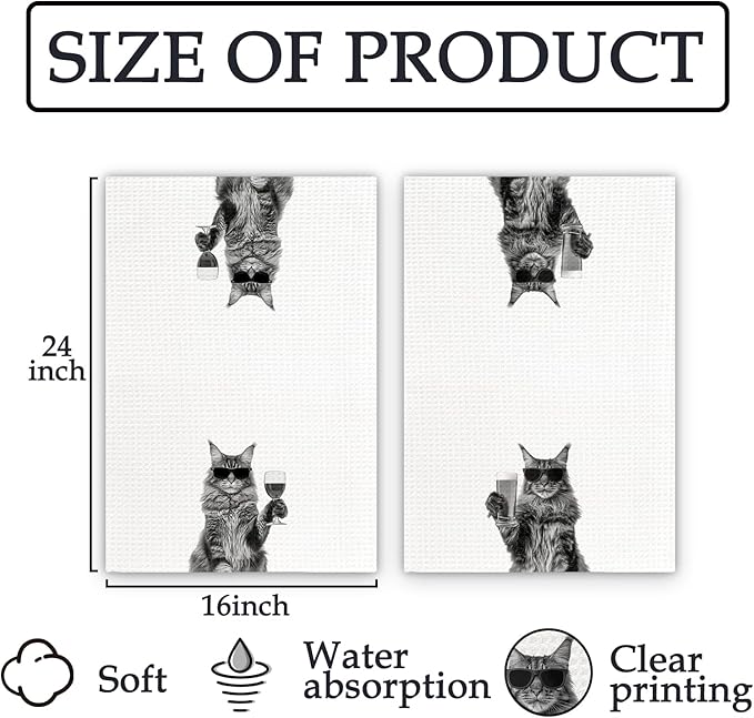 Maine Coon Gifts Wine Kitchen Towels Set of 2, Funny Maine Coon Cat Wine Lover Decorative Hand Dish Towel for Kitchen Home Bar, Gift for MaineCoon Cat Beer Lovers Home Bar Decor(16x24Inch)