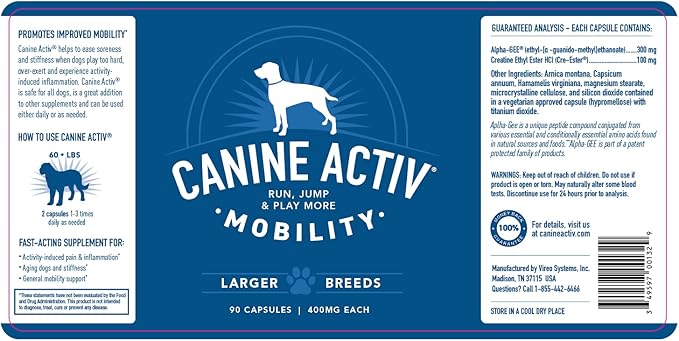 Mobility Support Capsules for Large Dogs, Supports Recovery and Promotes Healthy Joints and Muscles from Activity-Induced Discomfort, 90 Count