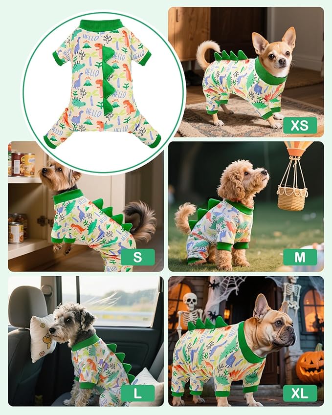 CuteBone Dinosaur Costume Dog Pajamas, Stretchy Spandex Crystal Velvet Sleepwear Coat for Small Dogs, Soft & Warm Pet Outfit Clothes for Cold Weather, Cozy Pullover Design COSP15XL