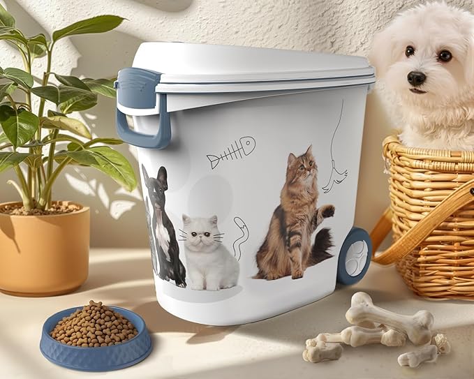 DRATO Pet Food Storage Container with Wheels Resin 30LB Capacity Dog Food Container with Slow Feeder Bowl and Scoop Easy to Move to Keep Food Fresh for Dogs, Cats, Birds