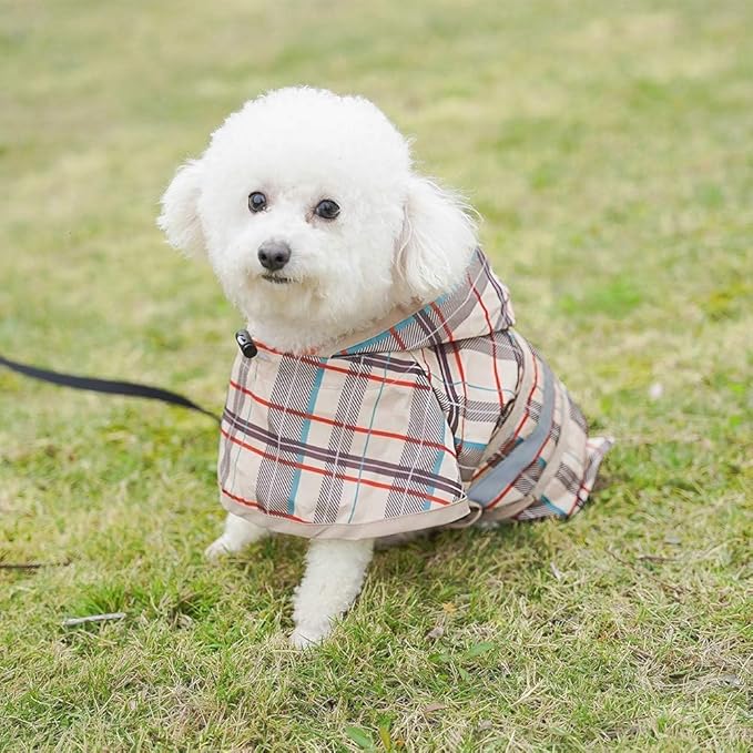 KOOLTAIL Dog Raincoat Hooded Slicker Poncho with Leash Hole, Raincoat for Small Medium Dogs, Waterproof Doggie Rain Jacket with Reflective Strip, Adjustable Breathable Plaid Puppy Rainwear-Beige XS