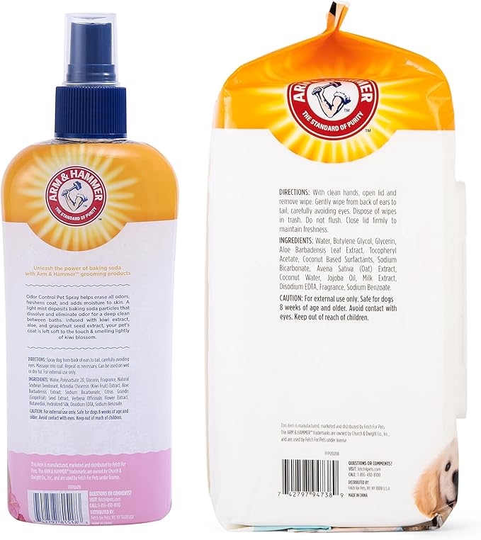 Arm & Hammer Dog Grooming Bundle - Super Deodorizing Spray (Kiwi Blossom, 8 oz) & Deodorizing Wipes (Coconut, 100 Count), Odor Eliminator for Dogs & Puppies, Whole Body & Face Cleaning