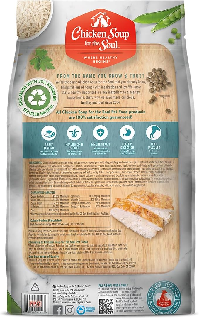 Chicken Soup for The Soul All Natural Premium Small Bites Adult Dry Dog Food, Real Meat First Ingredient, No by-Products, Supports Gut & Immune Health, Chicken, Turkey & Brown Rice, 28lb