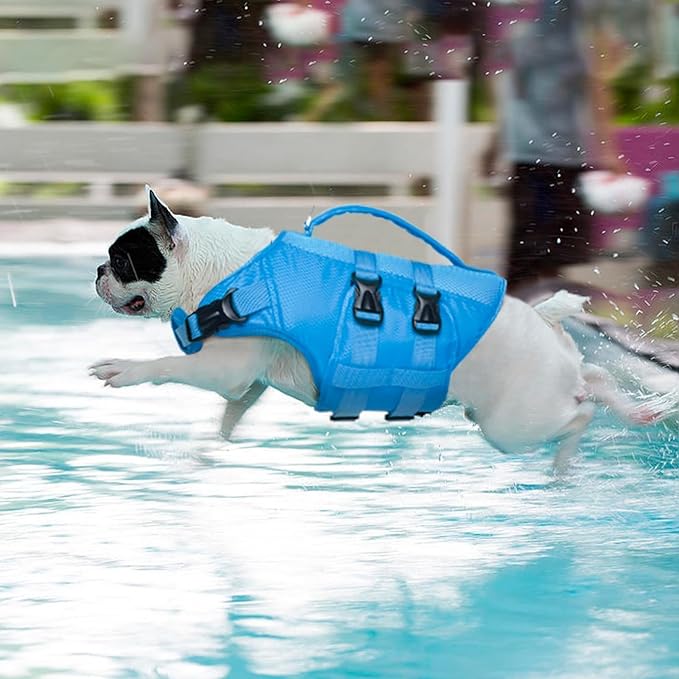 Kuoser Dog Life Jacket XL, High Flotation Dog Water Vest for Swimming Boating, Reflective Doggie Swimming Vest Pet Life Preserver with Rescue Handle, Blue XL