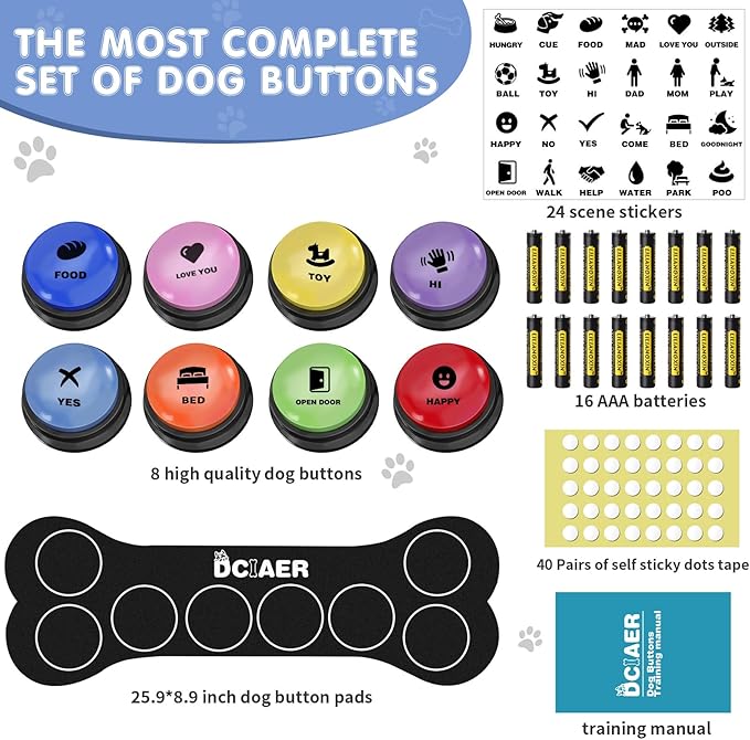 Dog Buttons for Communication, 8 PCS Dog Talking Button Set,30 Seconds Recordable Pet Training Buzzer,with Training Manual Book+16 AAA Batteries+24 Scene Modes + 1 Dog Button Mat