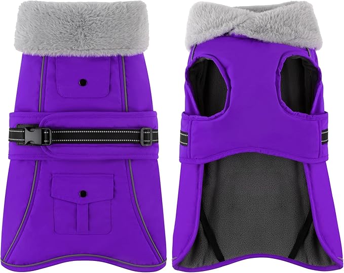 Dogcheer Dog Coat with Pocket, Waterproof Dog Jacket with Adjustable Buckle, Reflective Puppy Winter Coat Warm Turtleneck Fleece SnowJacket for Small Medium Large Dogs - Purple M