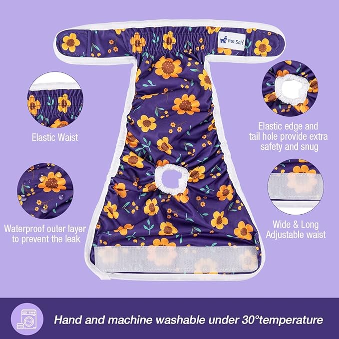 Pet Soft Washable Female Diapers (3 Pack) Female Dog Diapers, Comfort Reusable Doggy Diaper for Girl Dog in Period Heat (Cute Flower, L)